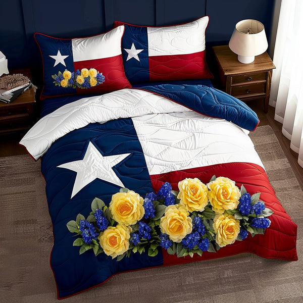 Texas Bouquet quilted 3-piece bedding set on a made bed in a rustic timber bedroom