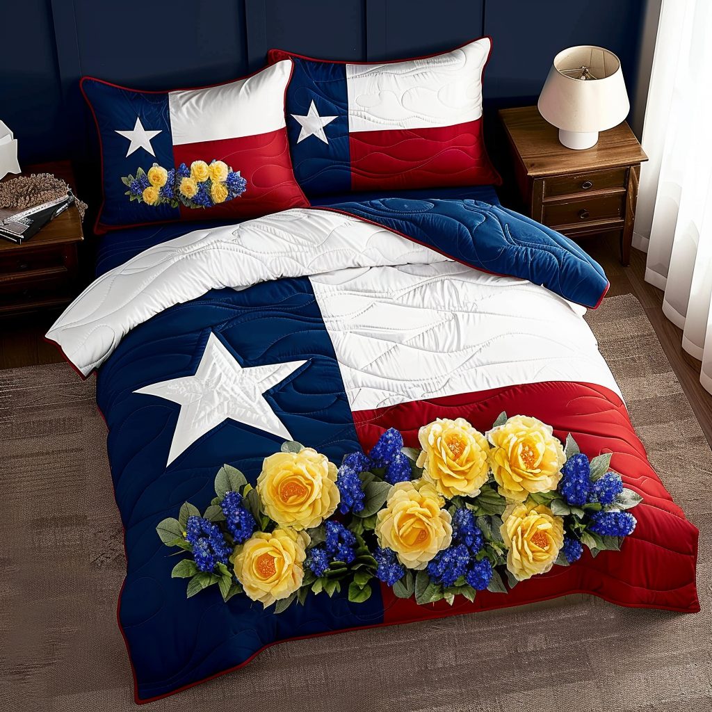 Texas Bouquet quilted 3-piece bedding set on a made bed in a rustic timber bedroom
