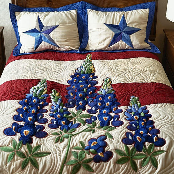 Texas Breeze quilted 3-piece bedding set on a made bed in a rustic timber bedroom