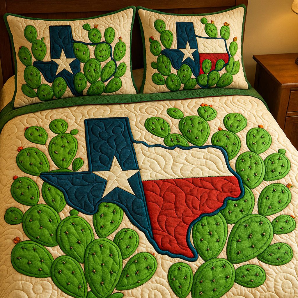 Texas Cactus Embrace quilted 3-piece bedding set on a made bed in a rustic timber bedroom