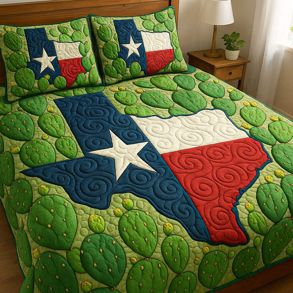 Texas Cactus Glory quilted 3-piece bedding set on a made bed in a rustic timber bedroom