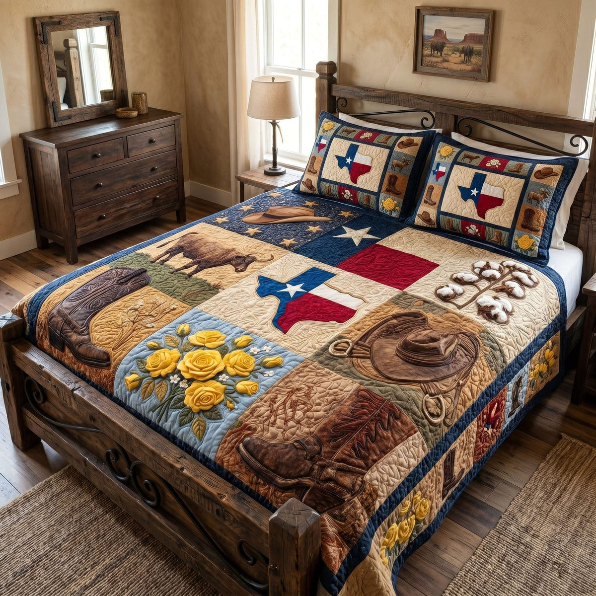 Texas Classic quilted 3-piece bedding set on a made bed in a rustic timber bedroom