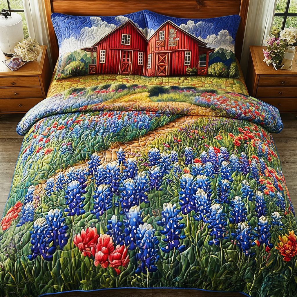 Texas Country Breeze quilted 3-piece bedding set on a made bed in a rustic timber bedroom