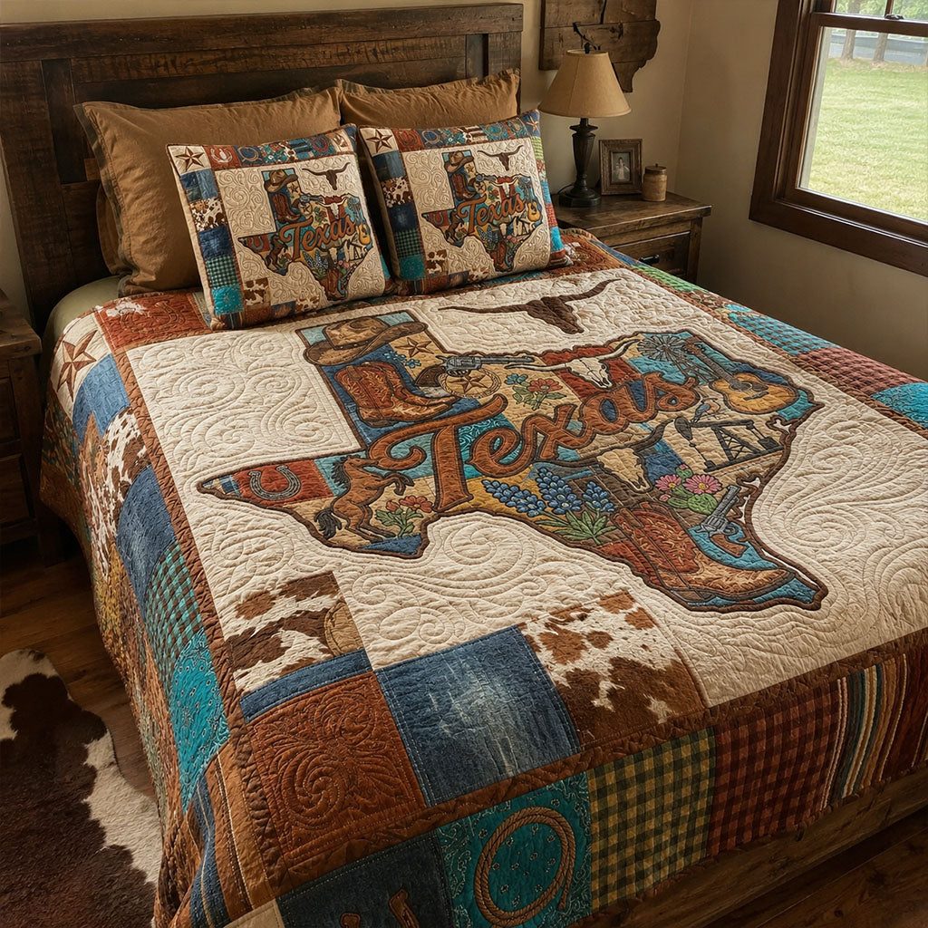 Texas Country Legacy quilted 3-piece bedding set on a made bed in a rustic timber bedroom