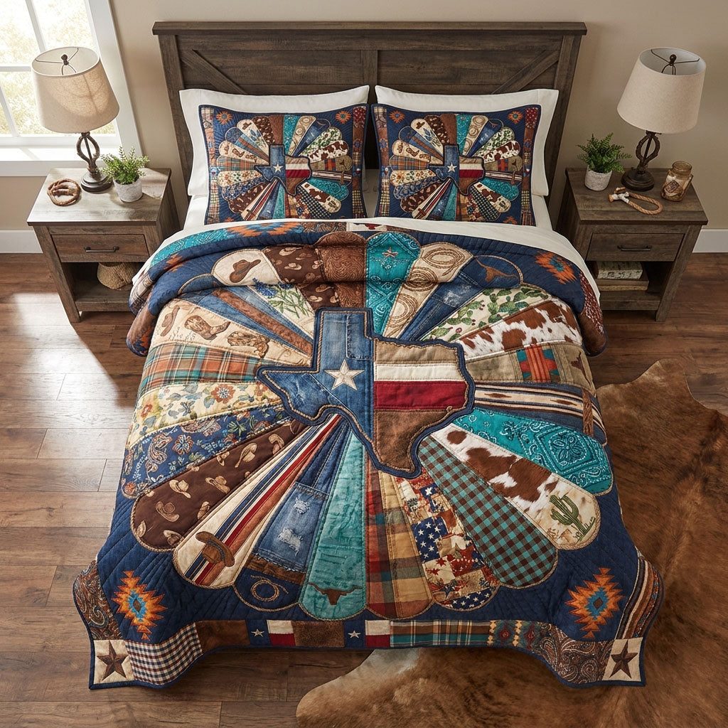 Texas Country Melody quilted 3-piece bedding set on a made bed in a rustic timber bedroom