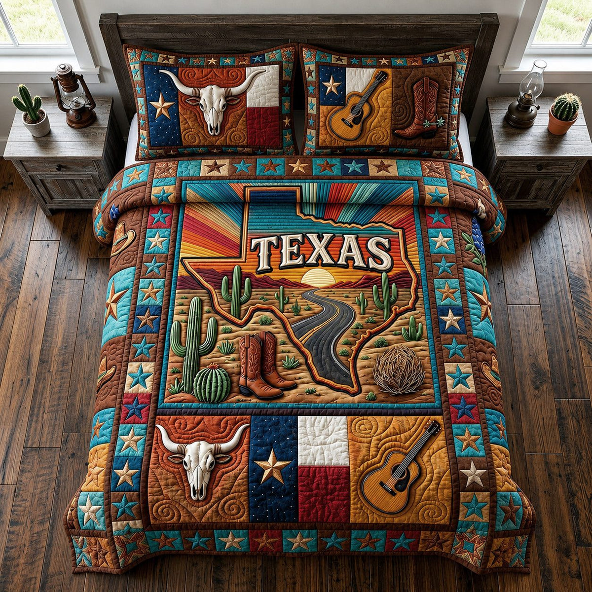 Texas Desert Rose quilted 3-piece bedding set on a made bed in a rustic timber bedroom