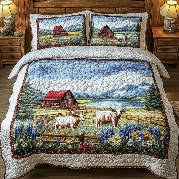 Texas Farm quilted 3-piece bedding set on a made bed in a rustic timber bedroom