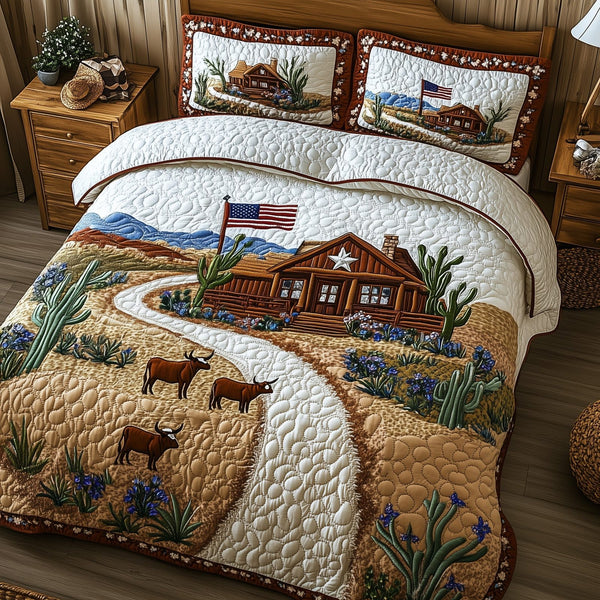 Texas Field Journey quilted 3-piece bedding set on a made bed in a rustic timber bedroom