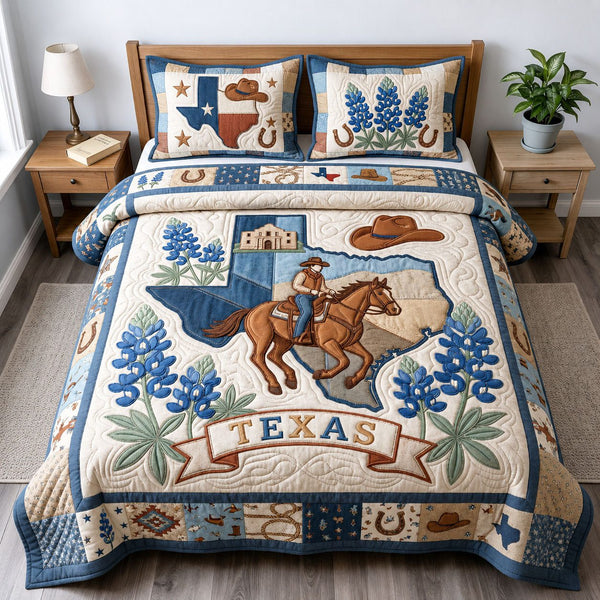 Texas Flag Bluebonnet quilted 3-piece bedding set on a made bed in a warmly lit bedroom