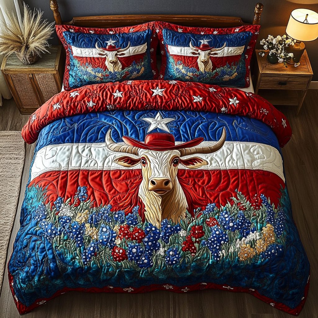 Texas Flag quilted 3-piece bedding set on a made bed in a warmly lit bedroom