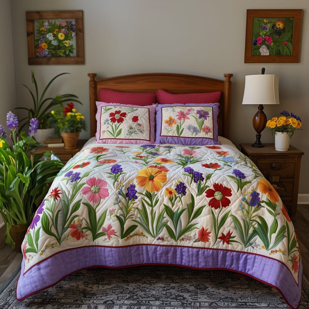 Texas Floral Patchwork quilted 3-piece bedding set on a made bed in a rustic timber bedroom