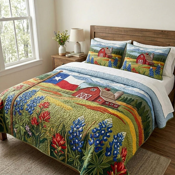 Texas Forever quilted 3-piece bedding set on a made bed in a rustic timber bedroom