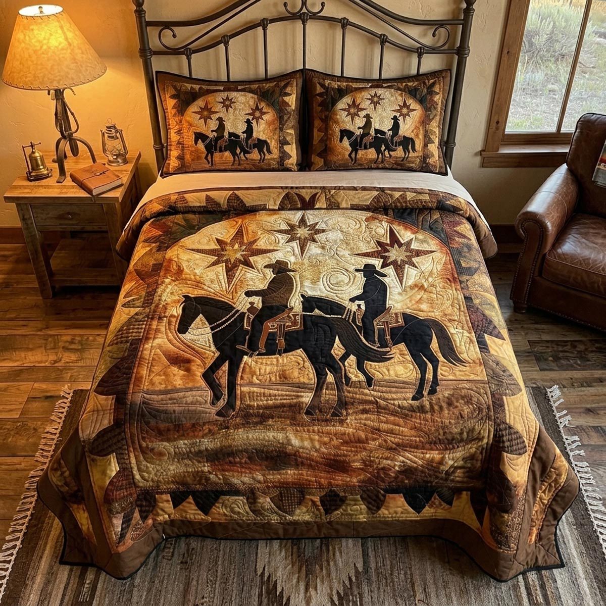 Texas Frontier quilted 3-piece bedding set on a made bed in a rustic timber bedroom