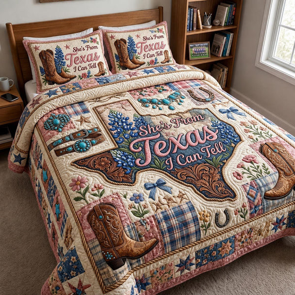 Texas Glory quilted 3-piece bedding set on a made bed in a rustic timber bedroom