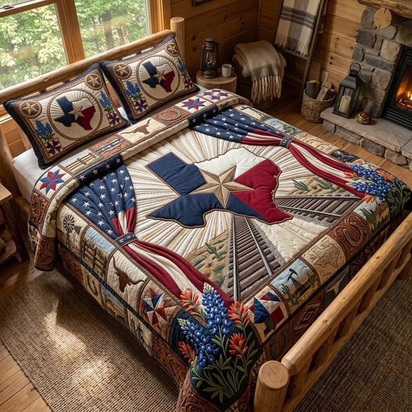Texas Glory quilted 3-piece bedding set on a made bed in a rustic timber bedroom