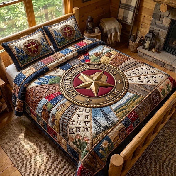 Texas Glory quilted 3-piece bedding set on a made bed in a rustic timber bedroom