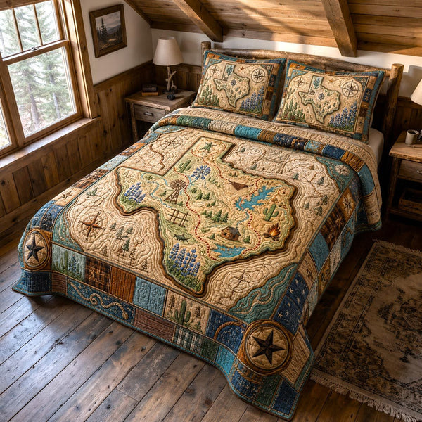 Texas Glory quilted 3-piece bedding set on a made bed in a rustic timber bedroom