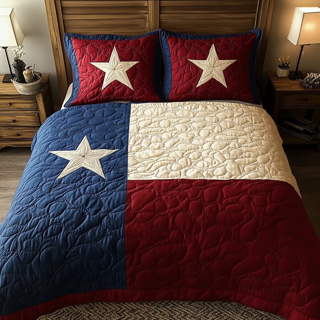 Texas Glory quilted 3-piece bedding set on a made bed in a rustic timber bedroom
