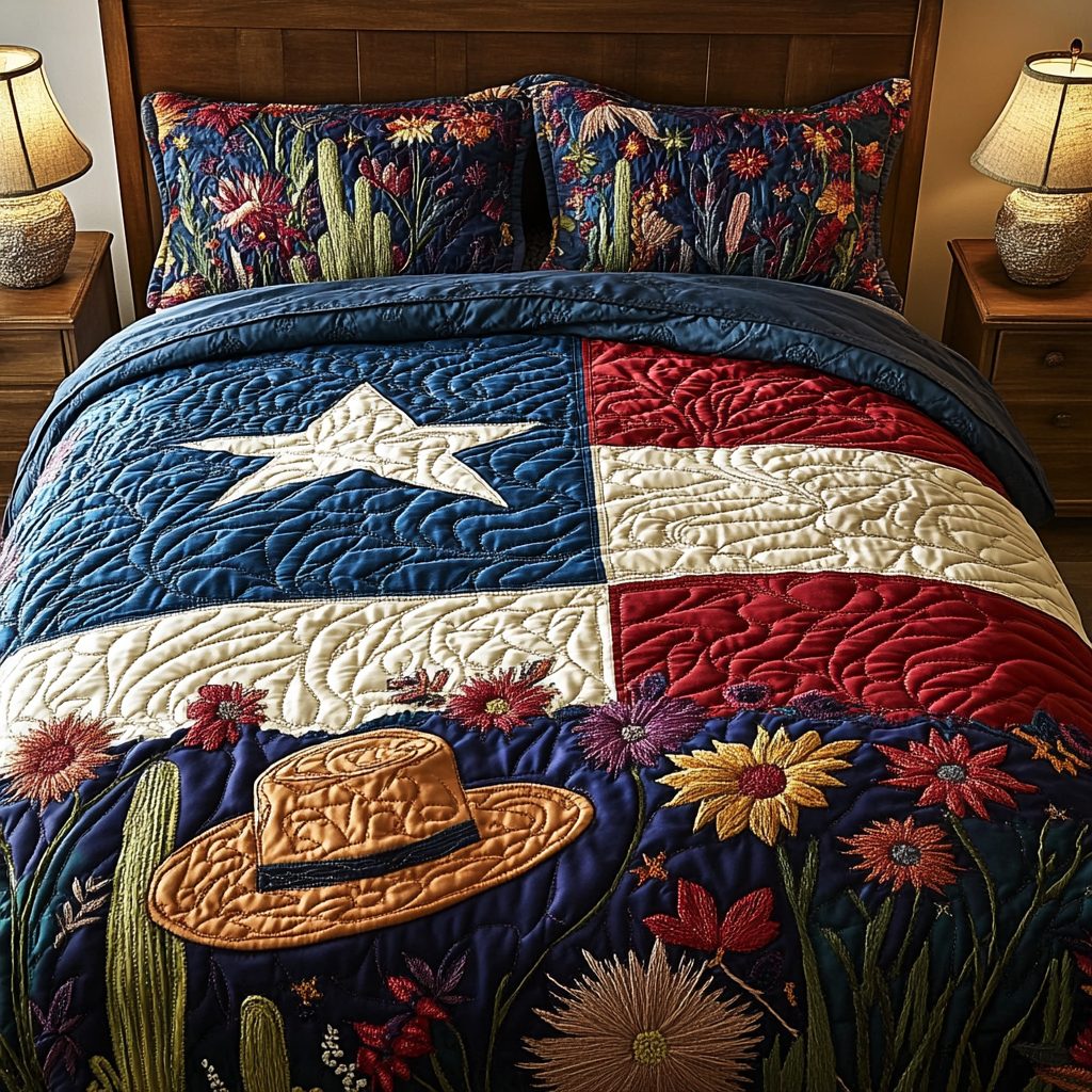Texas Heart quilted 3-piece bedding set on a made bed in a rustic timber bedroom