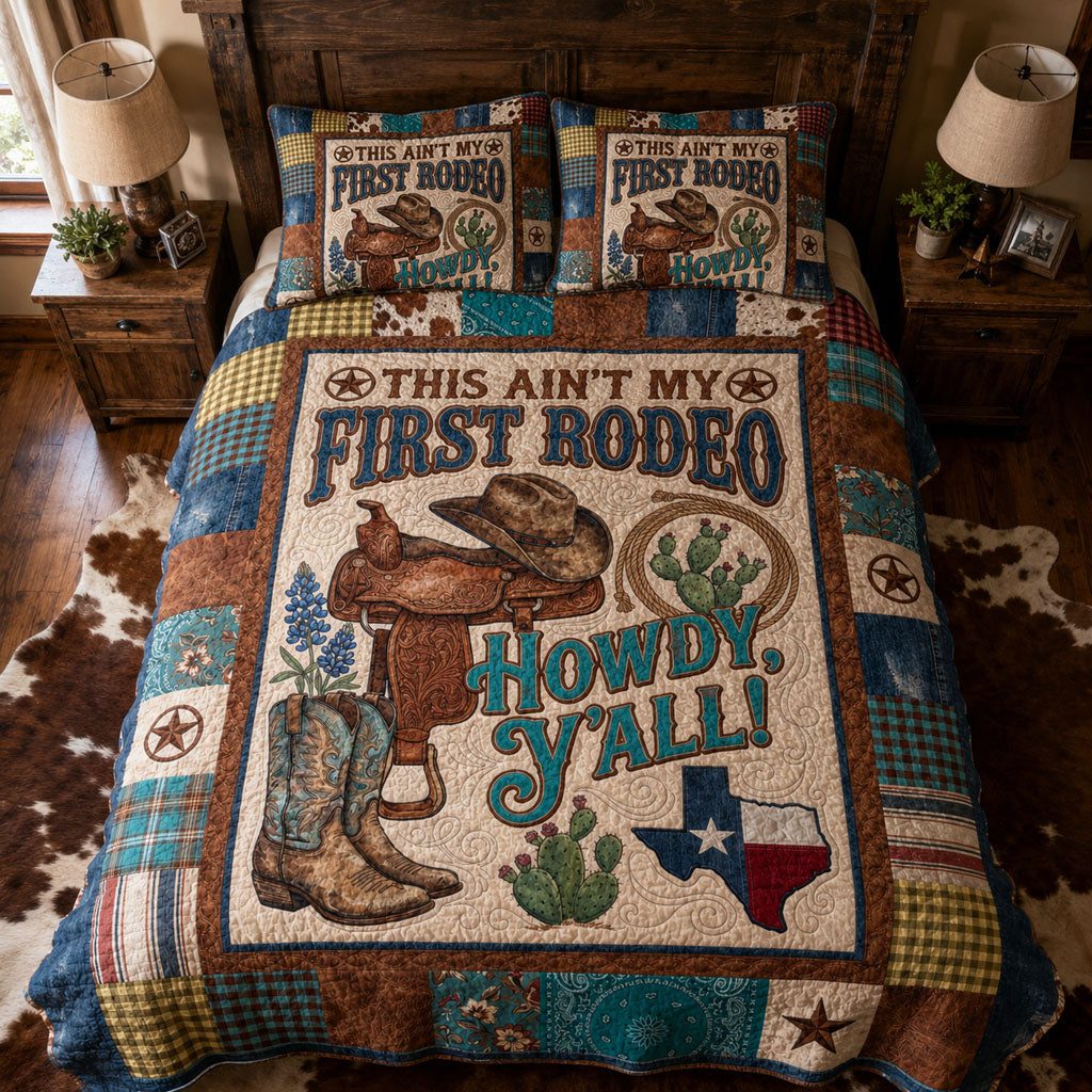 Texas Heritage Living quilted 3-piece bedding set on a made bed in a rustic timber bedroom
