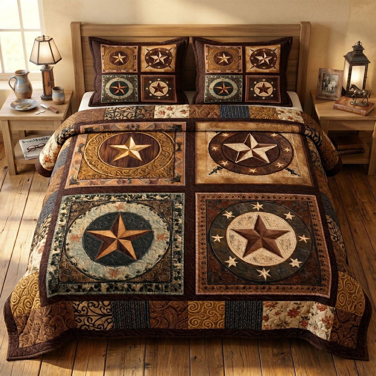 Texas Heritage quilted 3-piece bedding set on a made bed in a rustic timber bedroom