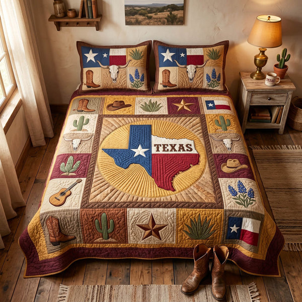 Texas Heritage quilted 3-piece bedding set on a made bed in a rustic timber bedroom