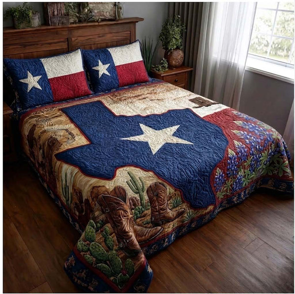 Texas Heritage Star quilted 3-piece bedding set on a made bed in a rustic timber bedroom