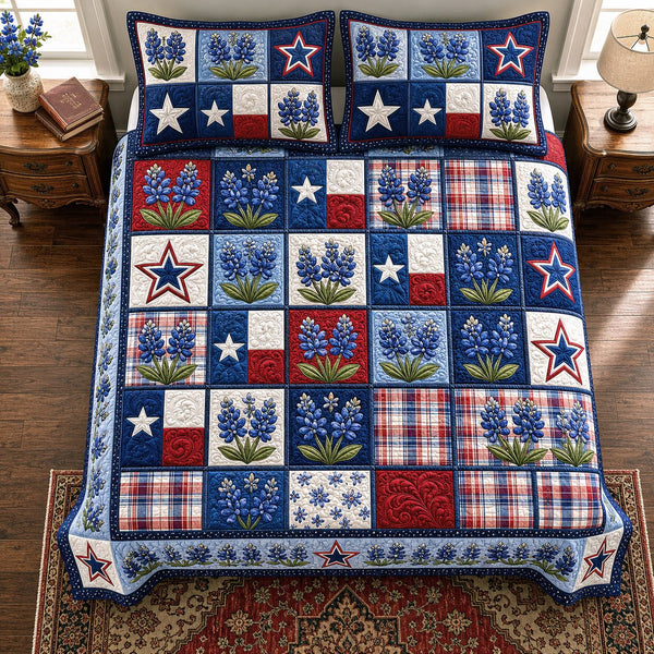 Texas Heritage Trails quilted 3-piece bedding set on a made bed in a rustic timber bedroom