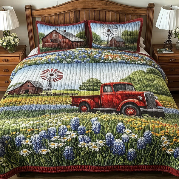 Texas Home quilted 3-piece bedding set on a made bed in a rustic timber bedroom