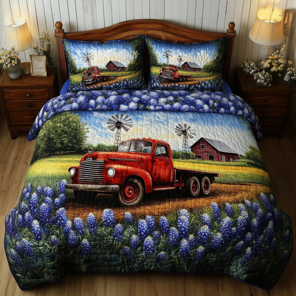 Texas Home quilted 3-piece bedding set on a made bed in a rustic timber bedroom