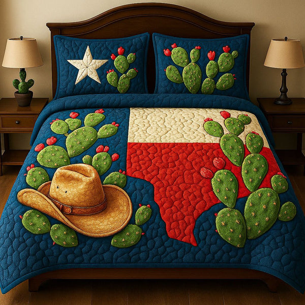 Texas Landscape quilted 3-piece bedding set on a made bed in a rustic timber bedroom