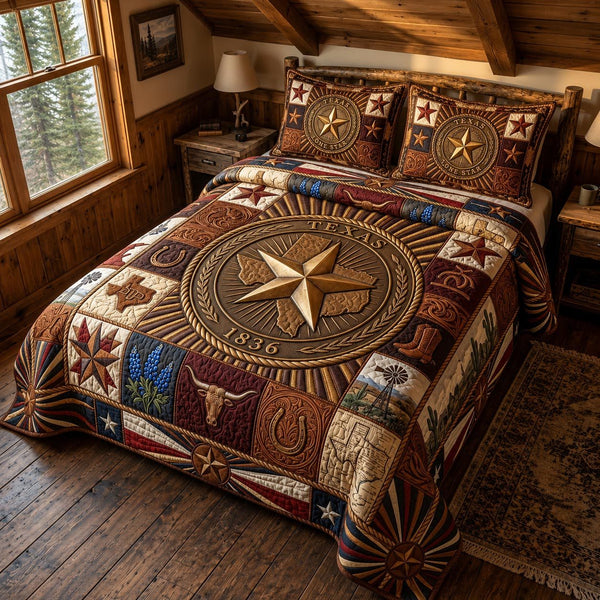 Texas Legacy quilted 3-piece bedding set on a made bed in a rustic timber bedroom