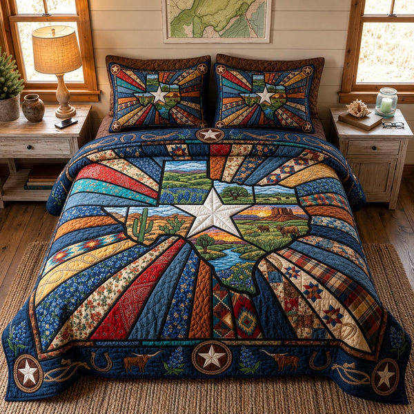 Texas Legacy quilted 3-piece bedding set on a made bed in a rustic timber bedroom