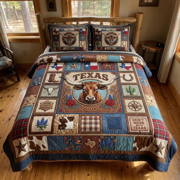 Texas Legacy quilted 3-piece bedding set on a made bed in a rustic timber bedroom