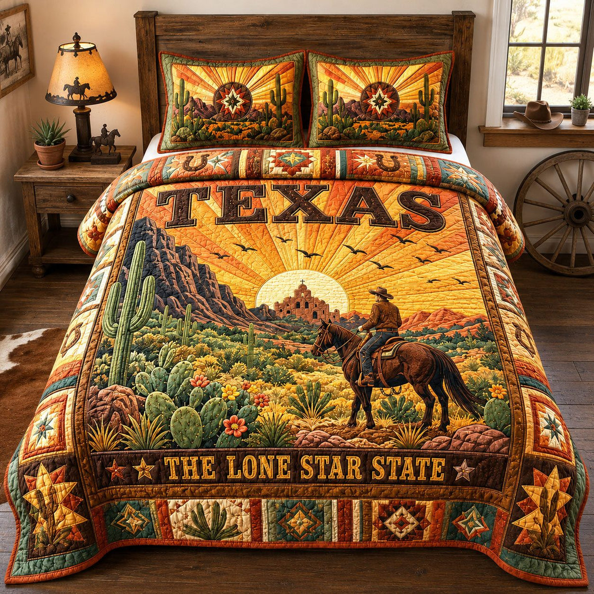 Texas Lone Star Cowboy quilted 3-piece bedding set on a made bed in a rustic timber bedroom