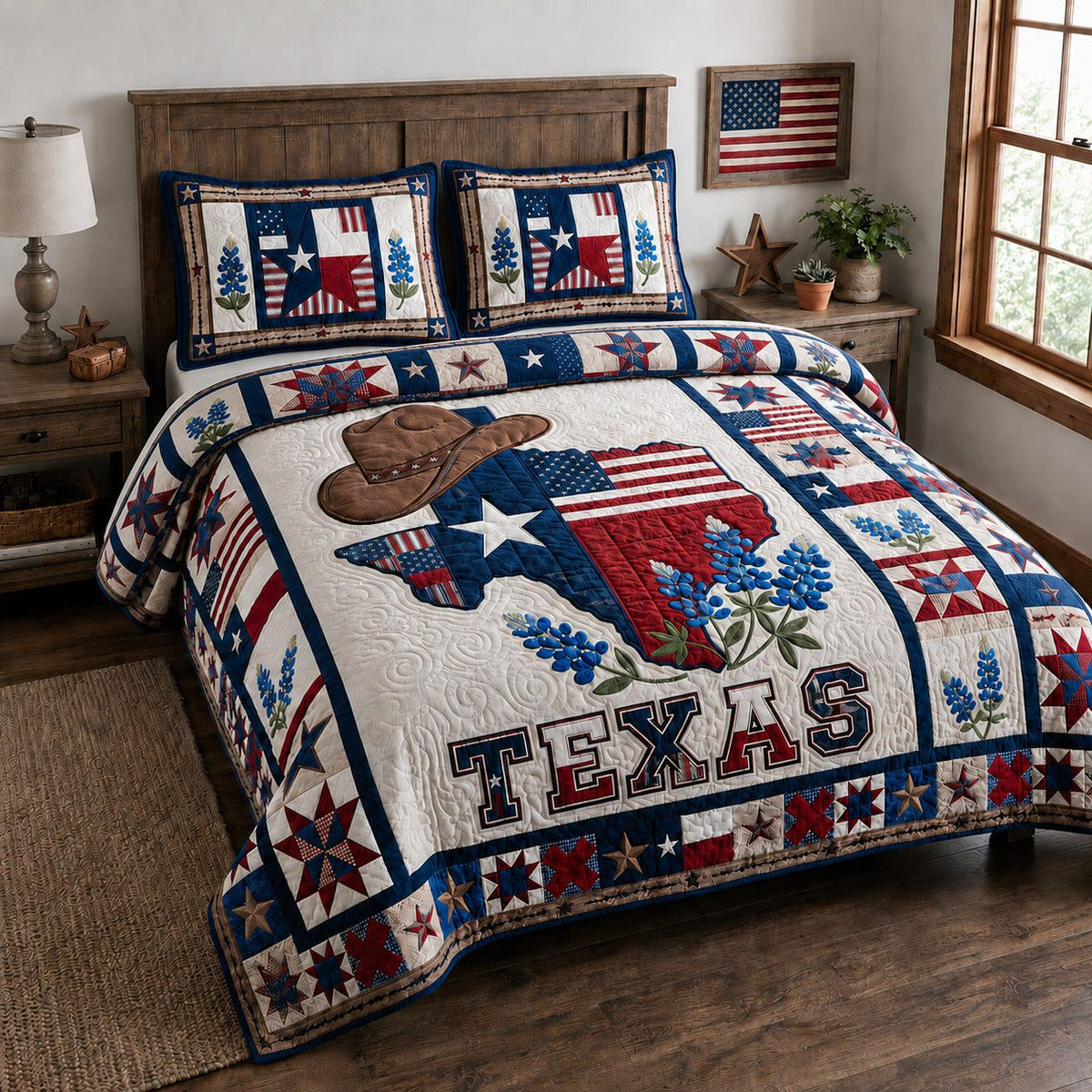 Texas Lone Star quilted 3-piece bedding set on a made bed in a rustic timber bedroom