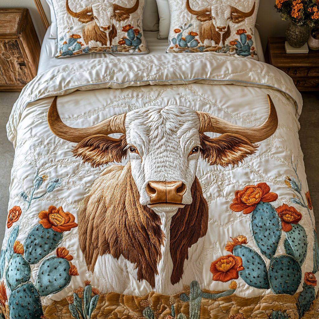 Texas Longhorn quilted 3-piece bedding set on a made bed in a rustic timber bedroom