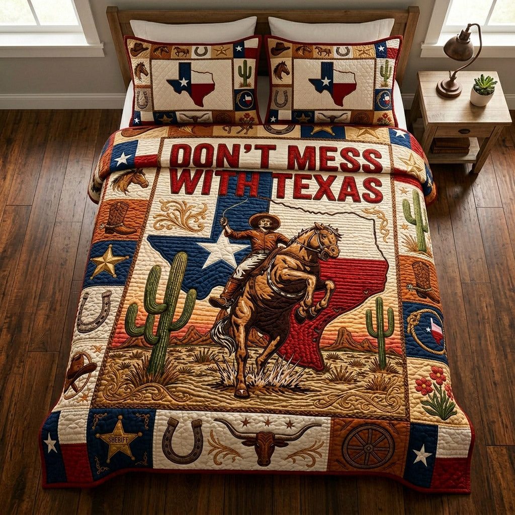 Texas Prairie Meadow quilted 3-piece bedding set on a made bed in a rustic timber bedroom