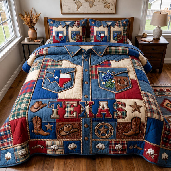 Texas Pride quilted 3-piece bedding set on a made bed in a rustic timber bedroom