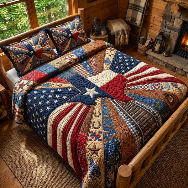 Texas Pride quilted 3-piece bedding set on a made bed in a rustic timber bedroom
