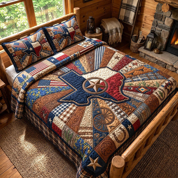 Texas Pride quilted 3-piece bedding set on a made bed in a rustic timber bedroom