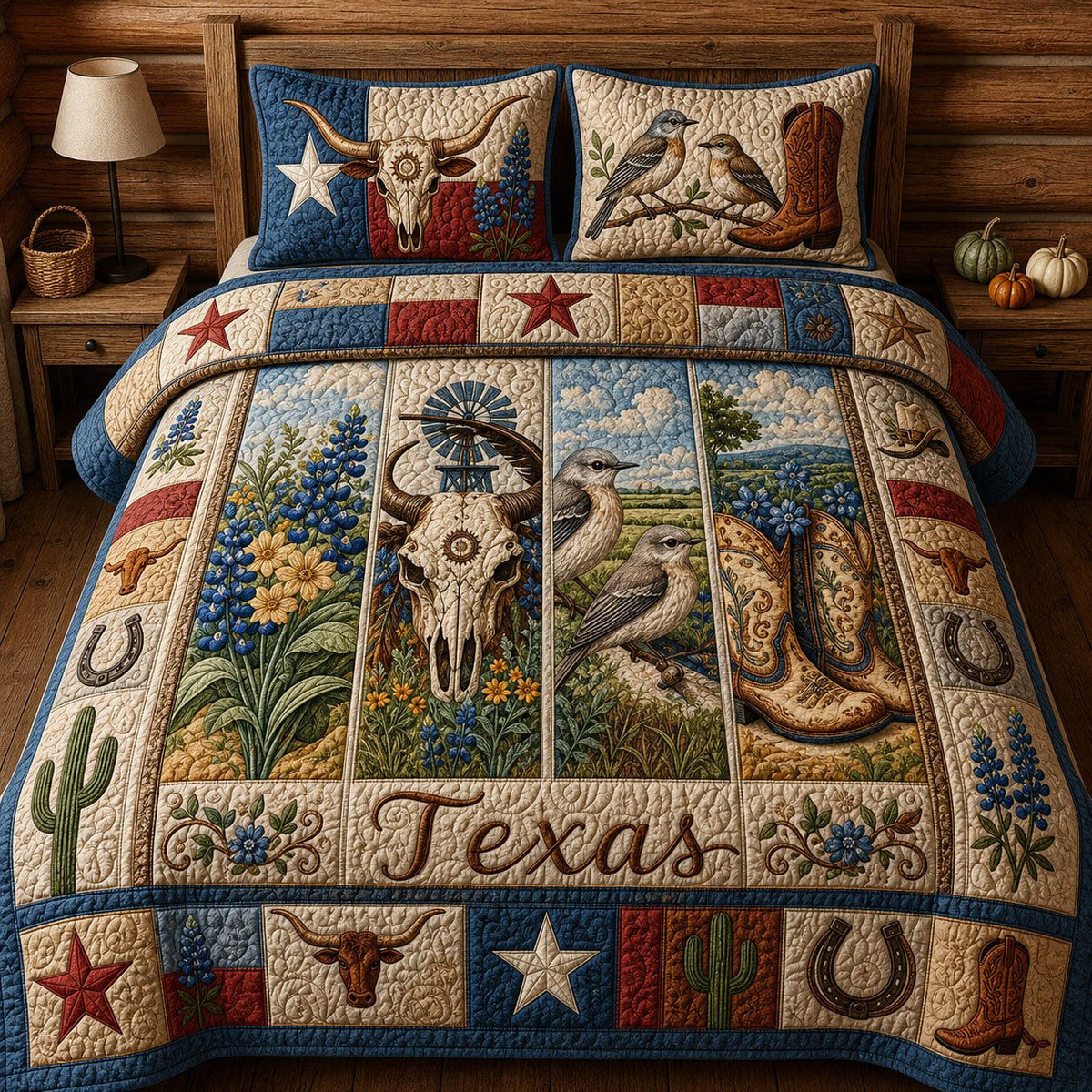 Texas Pride quilted 3-piece bedding set on a made bed in a rustic timber bedroom
