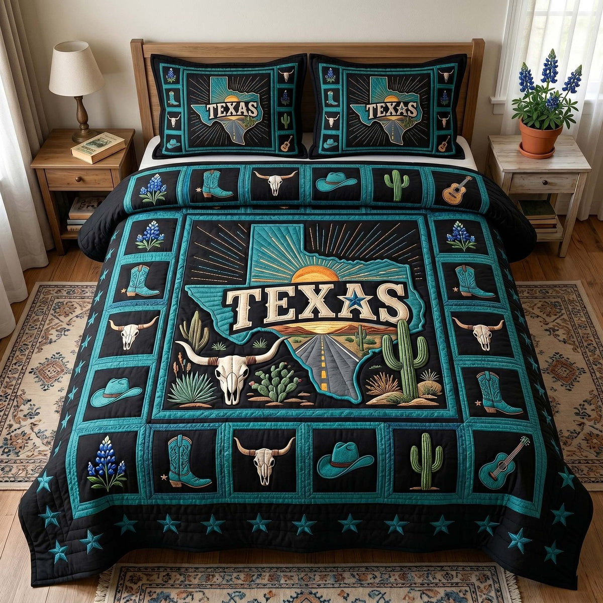 Texas Pride quilted 3-piece bedding set on a made bed in a rustic timber bedroom