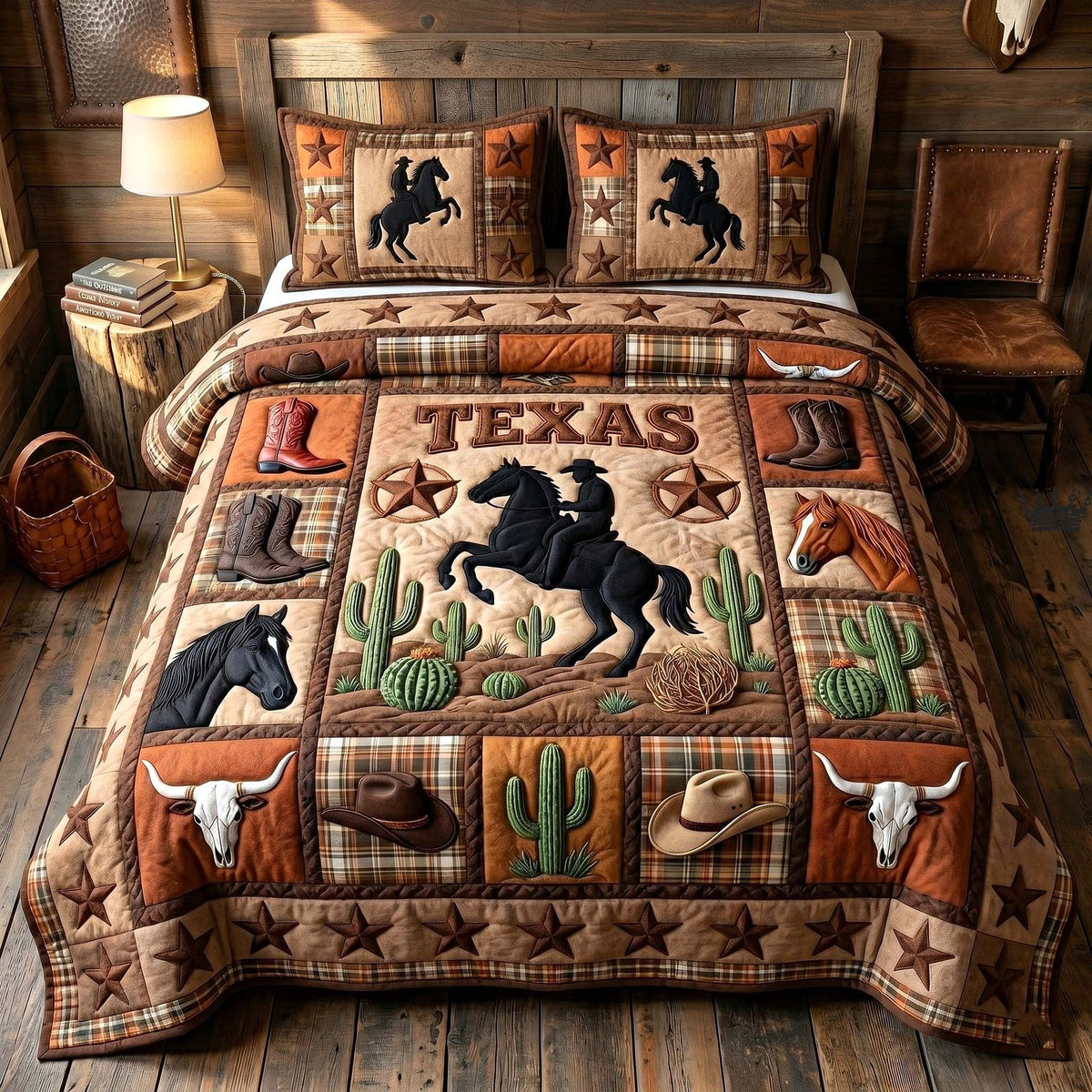 Texas Pride quilted 3-piece bedding set on a made bed in a rustic timber bedroom