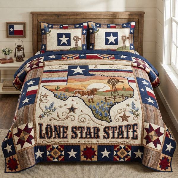 Texas Proud quilted 3-piece bedding set on a made bed in a rustic timber bedroom