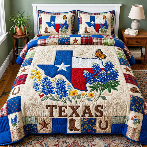 Texas quilted 3-piece bedding set on a made bed in a rustic timber bedroom