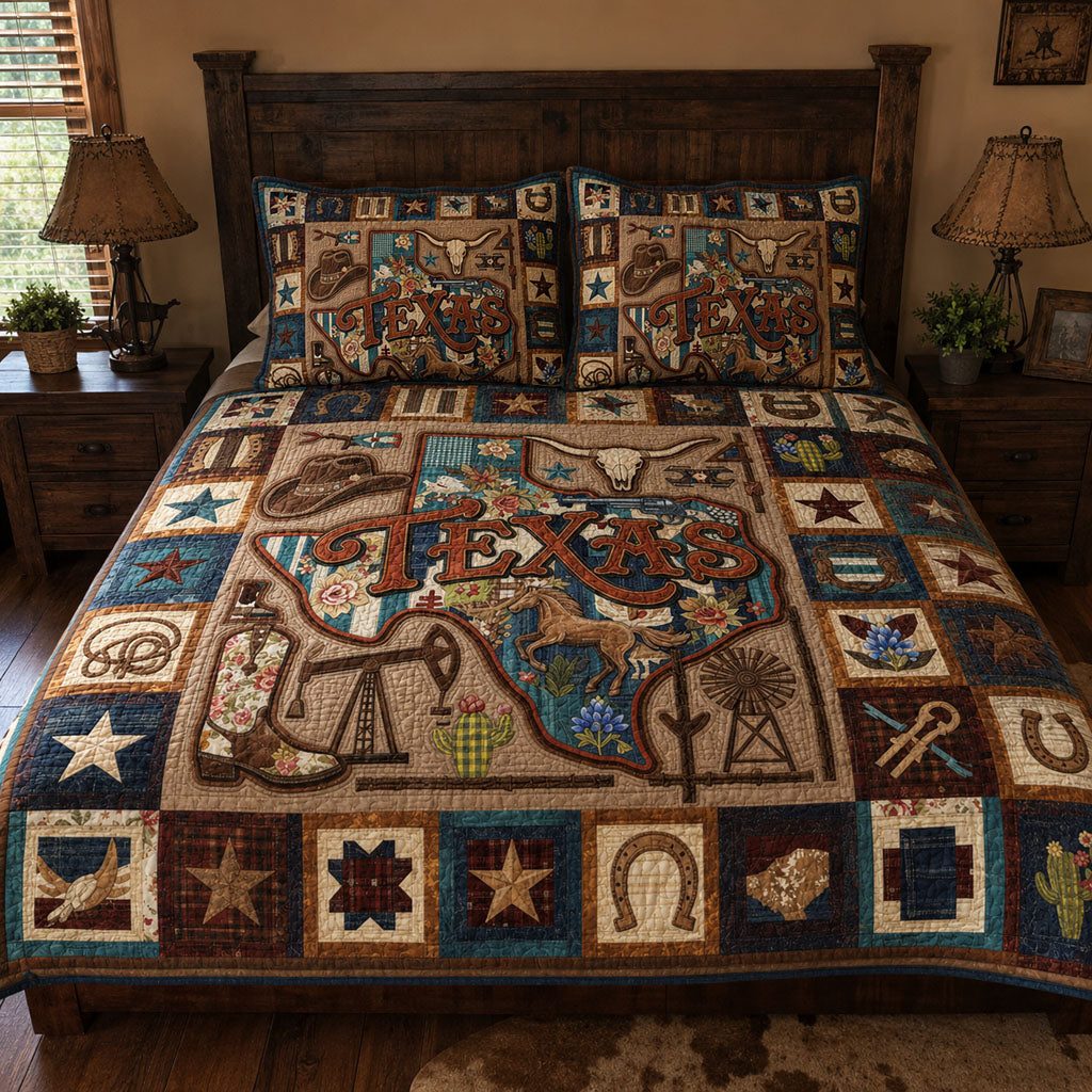 Texas Ranch Life quilted 3-piece bedding set on a made bed in a rustic timber bedroom