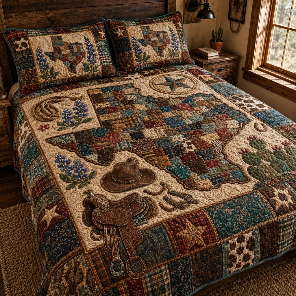 Texas Ranger Ridge quilted 3-piece bedding set on a made bed in a rustic timber bedroom