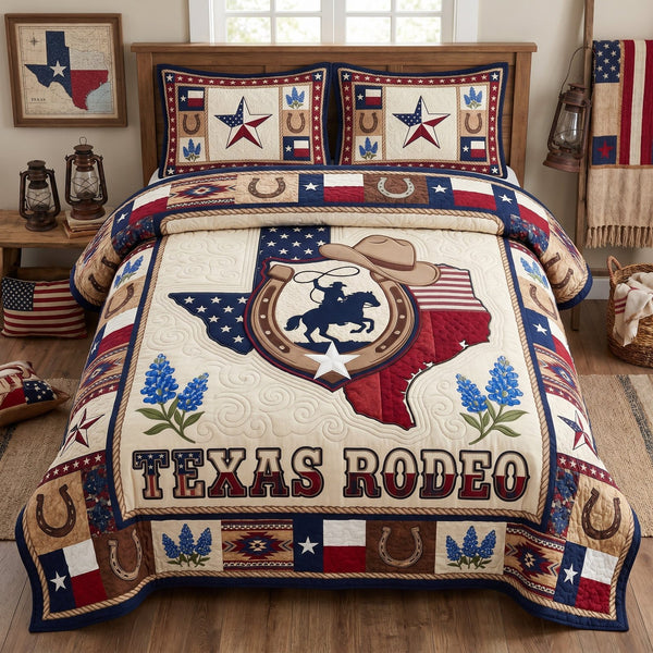 Texas Rodeo quilted 3-piece bedding set on a made bed in a rustic timber bedroom