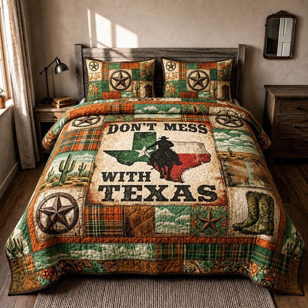 Texas Roots quilted 3-piece bedding set on a made bed in a rustic timber bedroom